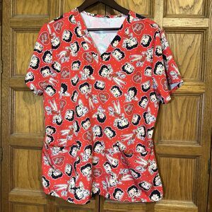 Betty Boop Fleischer Top Womens XL Poly Spandex Scrub Club 4 Pockets Loop V-Neck